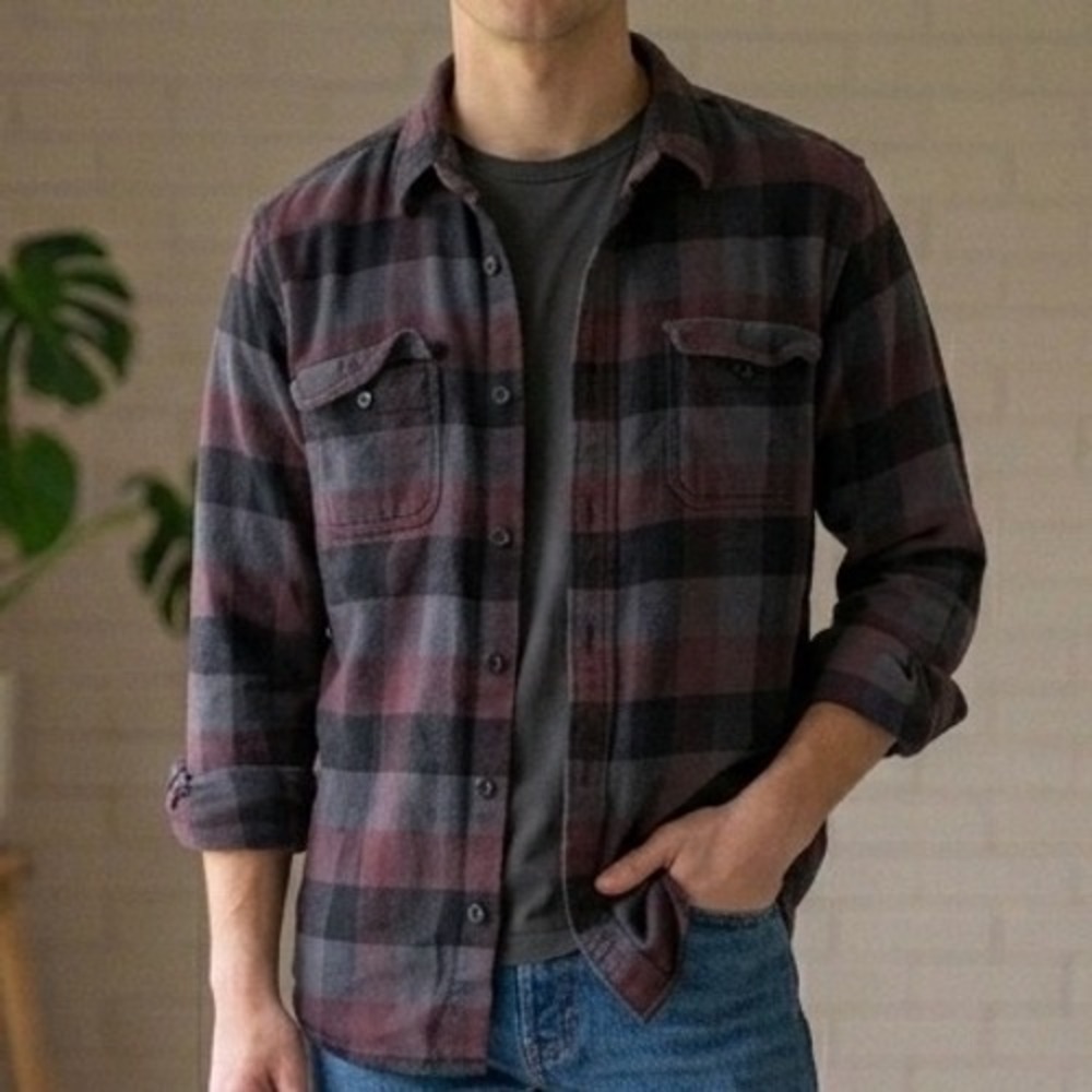 Orvis Mens Large Burgundy Grey Black Plaid Flannel Button Down Shirt L/G